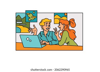 Happy couple planning summer vacation vector illustration. Choose options for trip together flat style. Family, discussion, holiday concept