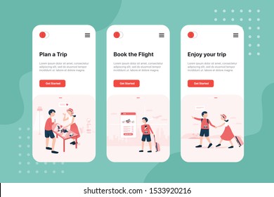 Happy Couple planning vacation trip and searching information or booking hotel on a smart phone and map. On boarding concept for Travel app template 