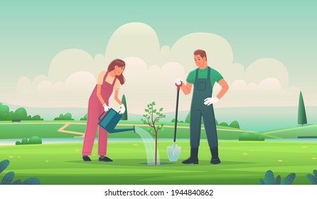 Una pareja feliz está plantando un árbol. Un hombre y una mujer están jardinando. Voluntariado y cuidado del medio ambiente. Ilustración vectorial en estilo plano