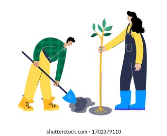 Happy couple plants a tree in the ground in spring. Flat vector illustration on white background. Adult male and female cartoon action characters. Gardening and volunteering concept for poster, banner