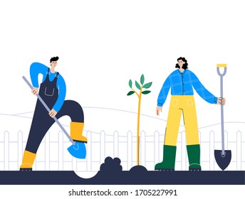 Happy couple plants a tree in the ground in spring. Flat vector illustration on white background. Adult male and female cartoon action characters. Gardening and volunteering concept for poster, banner