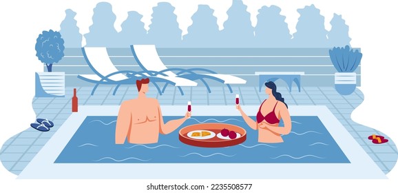 Happy couple in pool enjoy drink vector illustration. Young people swim outdoors, relax, fun lifestyle. Beautiful summer vacation