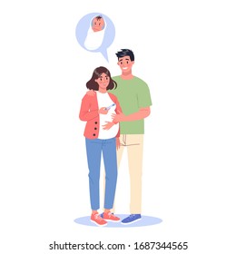 Happy couple with a positive pregnancy test. Man and woman in relationship. Pregnant wife expecting baby. Isolated flat vector illustration