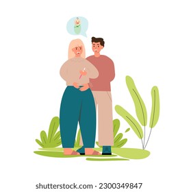 Happy couple with a positive pregnancy test. Man and woman in relationship. Pregnant wife expecting baby. Isolated flat vector illustration