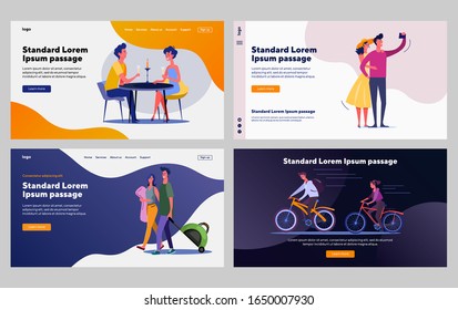 Happy couple practicing different activities set. Dating in restaurant, travel, riding bikes. Flat vector illustrations. Lifestyle, relationship concept for banner, website design or landing web page