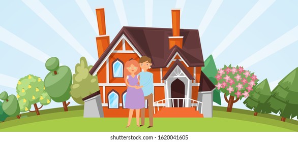 Happy couple with pregnant wife and her husband together on their cottage and green garden background vector illustration. Caucasian young family and country house.