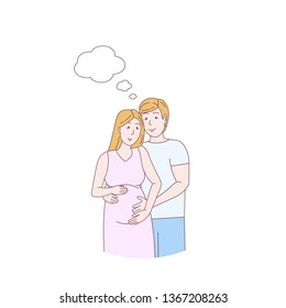 Happy couple. Pregnant woman with her husband. Vector illustration.