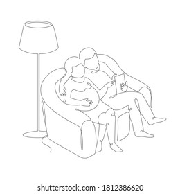 Happy couple pregnant woman and a man hugging her are sitting on the couch at home and looking in tablet the ultrasound of his baby. Continuous One Line mom and dad silhouettes. Vector logo, template.