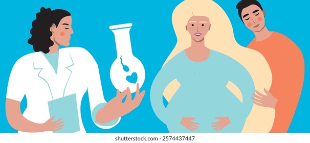 Happy couple with pregnant woman, in vitro fertilization assisted pregnancy, flat vector stock illustration, family consultation with doctor for IVF