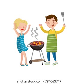 Happy couple preparing barbecue on the grill cartoon vector Illustration