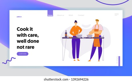 Happy Couple Preparing Food Together in the Kitchen Landing Page. Man and Woman Characters Cooking at Home. Family Relationships Website Banner. Vector flat cartoon illustration