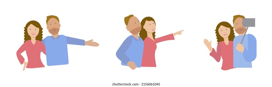 Happy couple presenting something. They are a man and a woman, in their 20s or 30s, that show affection for each other while interacting with their surroundings.