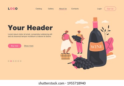 Happy couple producing natural wine isolated flat vector illustration. Cartoon male and female characters growing vines of organic grapes. Alcohol and wine production concept