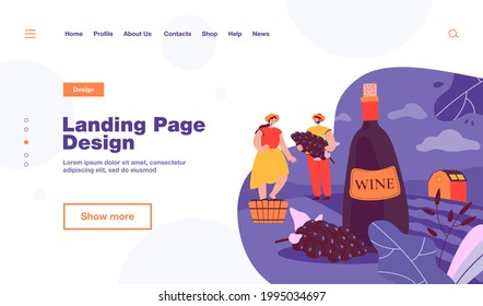 Happy couple producing natural wine isolated flat vector illustration. Cartoon male and female characters growing vines of organic grapes. Alcohol and wine production concept