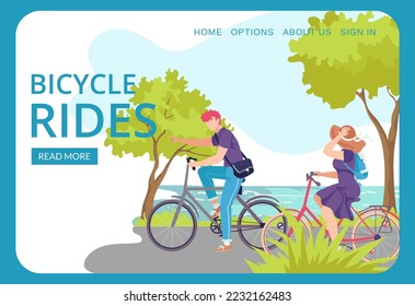 Happy couple racing on bikes, bicicle rides, sports walk, vector illustration. Active healthy lifestyle young people. Leisure in park alone.