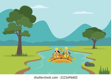 Happy couple rafting in river 2d flat vector illustration concept for banner, website, landing page, ads, flyer template