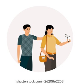Happy couple read news or message having positive emotion.  