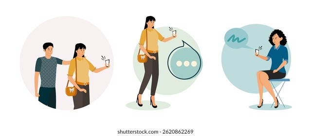 Happy couple read news or message having positive emotion. Young woman holding a smart phone with a chat nearby. Woman sitting on a stool, interacting with her smart phone, conveying communication.