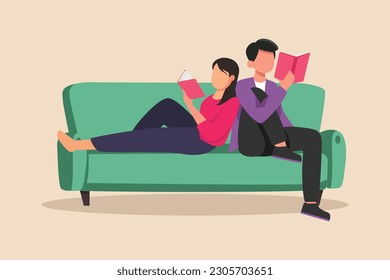 Happy couple reading books. Class it up concept. Flat vector illustration isolated.