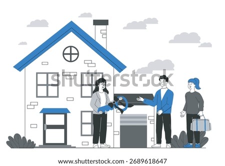 A happy couple receives a giant key from a real estate agent in front of a house with blue accents, on a white background. Concept of buying a new home. Vector illustration