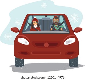 Happy couple in the red car in winter season flat vector