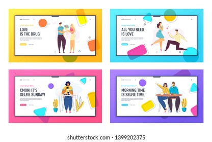 Happy Couple Relations Concept Landing Page Template. Marriage Proposal. Man and Woman Characters in Cafe Taking Photo of Food, Making Selfie Website Banner. Vector flat illustration