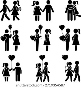 Feliz relacionamento casal ilustrações: homem e mulher com corações e balões Silhueta