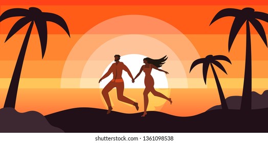 Happy Couple Relaxing at Sunset Tropical Beach. Vector Illustration Romance on Beach. Athletic Man with Woman Run Holding Hands in Evening at Sunset on Background Palm Trees and Ocean