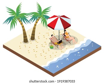 Happy couple relaxing together on beach while sitting on the bench and using their gadget. Isometric vector concept