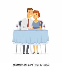 Happy couple in a restaurant - cartoon people character isolated illustration on white background. An image of a smiling man and woman sitting at the table, drinking wine, happy together, hugging