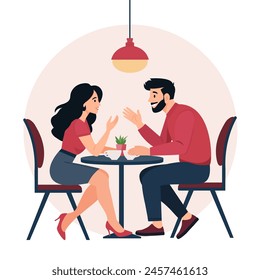 Happy couple resting  in the cafe and talk about something. Man and Woman  spending time together at coffee break.  Romantic evening,dating. Flat vector illustration isolated on white background