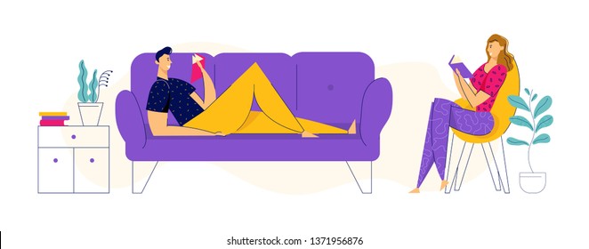 Happy Couple Resting at Home and Reading Books. Man on Sofa and Woman in Armchair with Book. Husband and Wife Relax in Living Room Interior. Vector flat illustration