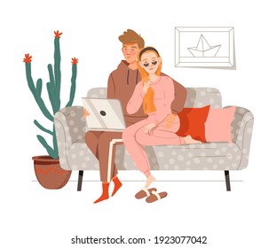 Happy Couple Resting on Sofa in Living Room Watching Movie on Laptop Vector Illustration