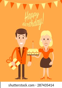 Happy couple retro art illustration on a first birthday celebration. Fully editable vector illustration. Perfect use for greetings cards, posters, etc.