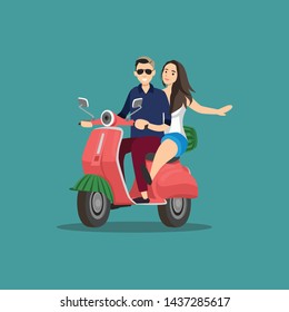 happy couple ridding motorbike , scooter, cool, love, isolated on background