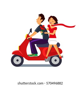 Happy couple ride on motorcycle. Girls scarf blowing. FLowers on hand. Vector illustration.