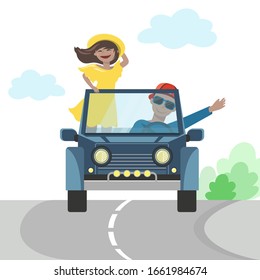 Happy couple rides on a SUV. Summer travel. A man in a cap and young woman in yellow dress goes to a trip by car.