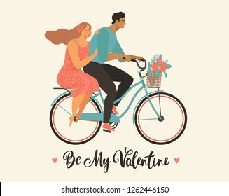 Happy couple is riding a bicycle together and happy valentines day Illustration vector of Love and Valentine Day.