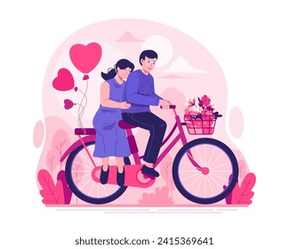 A Happy Couple Is Riding a Bicycle Together. A Man and a Woman Enjoying a Romantic Bike Ride With Heart-Shaped Balloons. Happy Valentines Day