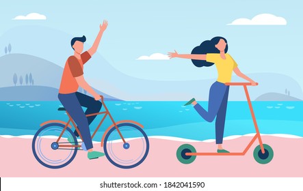 Happy couple riding bike and scooter outdoors. People moving along seaside flat vector illustration. Activity, transportation, eco transport concept for banner, website design or landing web page