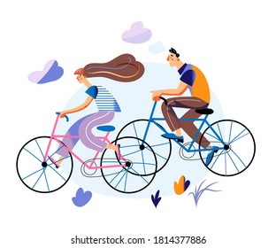 Happy couple riding bikes in city. Woman and man cycling on bicycles in park. Leisure and sport in nature vector illustration. Healthy active recreation and transportation in summer.