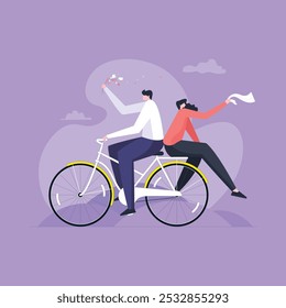 Happy Couple riding bikes on World Bicycle Day, Carefree wife sitting behind husband riding bicycle in park