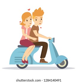 Happy couple riding a classic scooter in valentine day