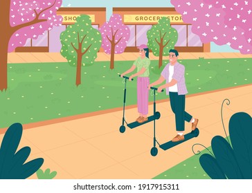 Happy couple riding electric scooters flat color vector illustration. Smiling boyfriend and girlfriend spending time together 2D cartoon characters with spring time city park on background