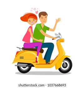 Happy couple riding moped or scooter. Travel, journey concept. Cartoon vector illustration