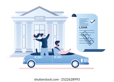 Pareja feliz montando un coche nuevo. Edificio bancario y Acuerdo de préstamos con sello - aprobado. Personajes masculinos y femeninos comprando un auto a crédito. Diseño en estilo de moda. Ilustración vectorial