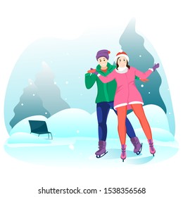 Happy couple riding on the rink. Winter outdoor activities