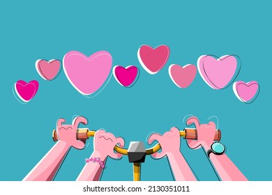 happy couple riding the same bicycle. Love success concept. Flat vector design illustration