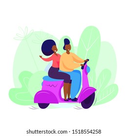 Happy couple riding scooter. Transport, leisure, togetherness. Love concept. Vector illustration can be used for topics like love, family, friendship