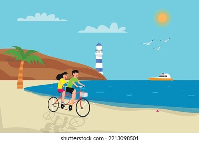 Happy couple riding tandem bicycle on beach vector illustration concept for banner, website, illustration, landing page, flyer, etc.